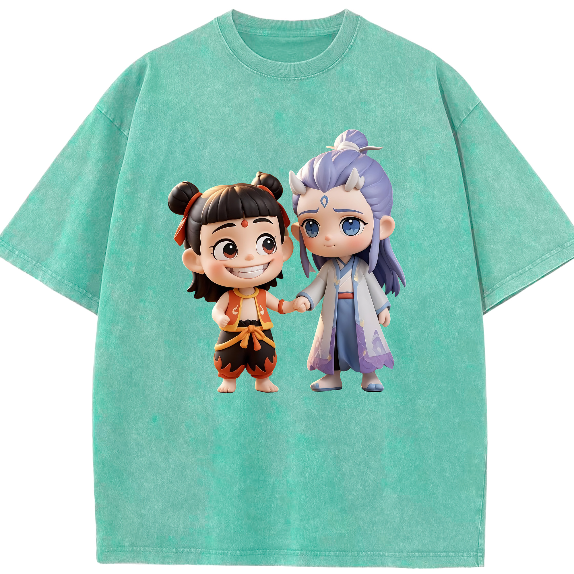 （画像用） Ne Zha 2 ナタ 魔童の大暴れ 綿100% ヴィンテージ風 半袖Tシャツ（フロントプリント）